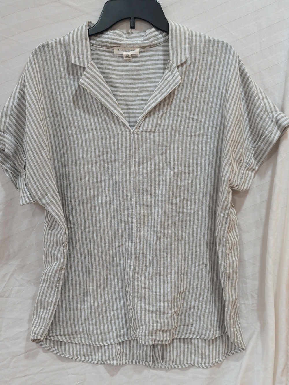 Beach Lunch Lounge V Neck Short-Sleeve Top Linen Shirt Green White Stripe L/G